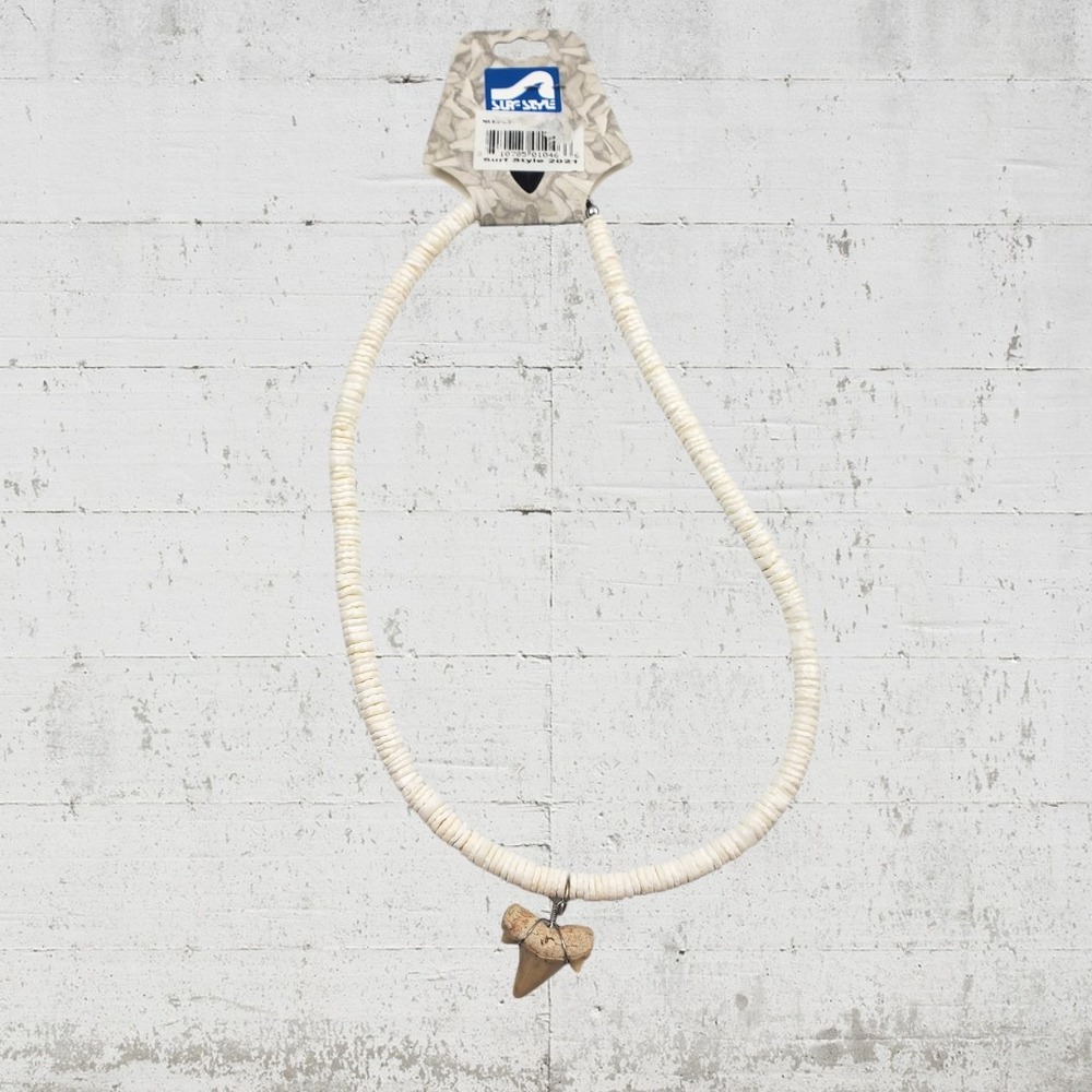 Surf Style Fossil Ware Shark Tooth Necklace White Puka Shell Bead Beach Choker - Picture 3 of 4